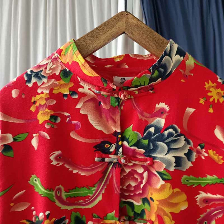 Buddha Stones Etniczne Czerwone Kwiaty Peonia Żaba-Guziki Bawełna Lniana Długi Rękaw Koszula Kurtka Z Kieszeniami - image 6