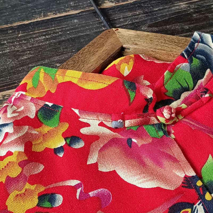 Buddha Stones Etniczne Czerwone Kwiaty Peonia Żaba-Guziki Bawełna Lniana Długi Rękaw Koszula Kurtka Z Kieszeniami - image 8