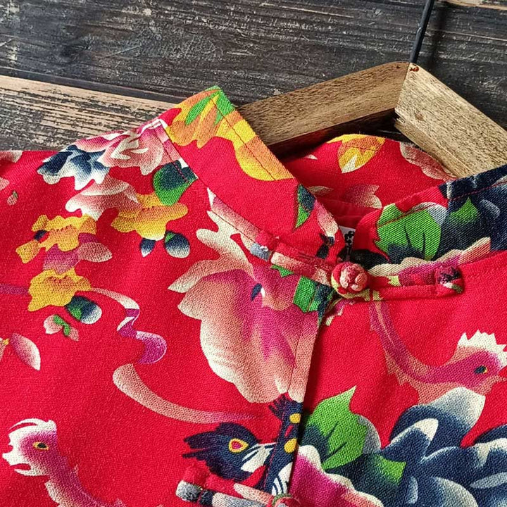 Buddha Stones Etniczne Czerwone Kwiaty Peonia Żaba-Guziki Bawełna Lniana Długi Rękaw Koszula Kurtka Z Kieszeniami - image 7