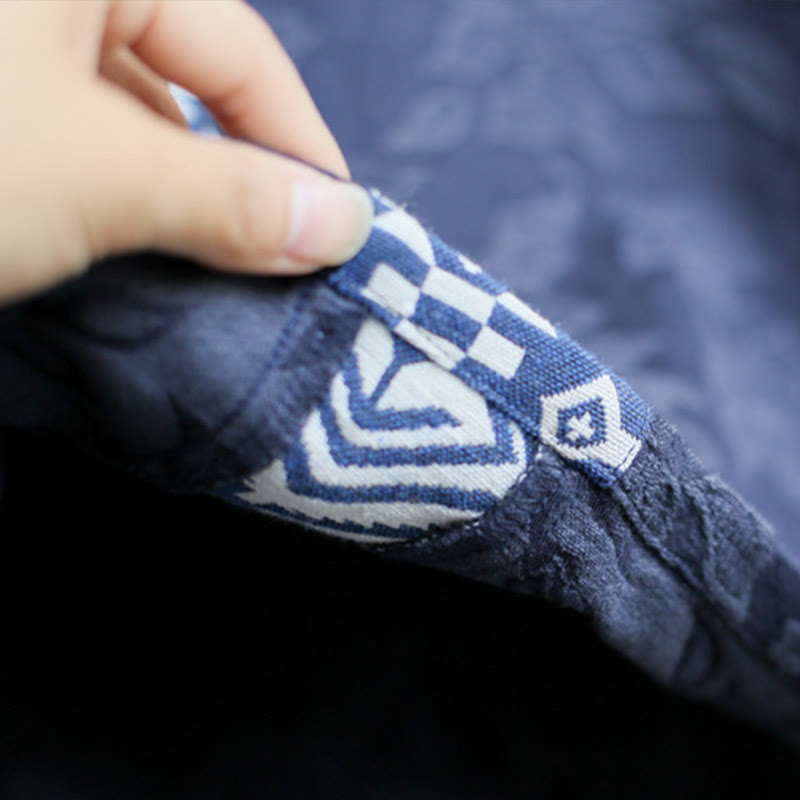 Buddha Stones Niebieskie Kwiaty Haft Żakard Sukienka Midi Sukienka Bawełniana Z Rękawami Trzy Czwarte Z Kieszeniami - image 9