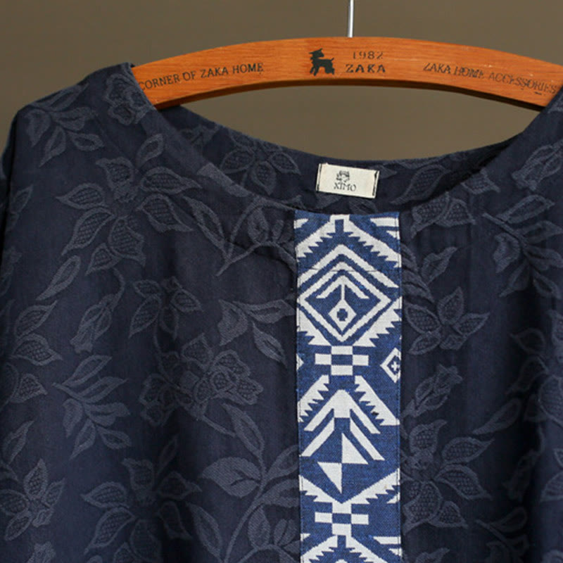 Buddha Stones Niebieskie Kwiaty Haft Żakard Sukienka Midi Sukienka Bawełniana Z Rękawami Trzy Czwarte Z Kieszeniami - image 6