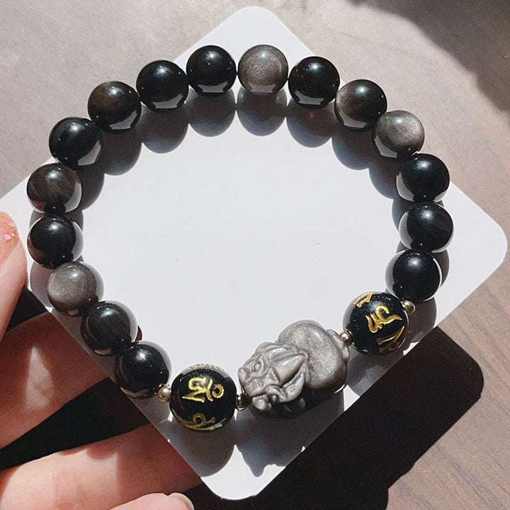 Buddha Stones Naturalny Srebrny Połysk Obsydian Czarny Obsydian Om Mani Padme Hum Bransoletka Ochronna PiXiu