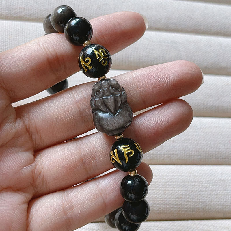 Buddha Stones Naturalny Srebrny Połysk Obsydian Czarny Obsydian Om Mani Padme Hum Bransoletka Ochronna PiXiu