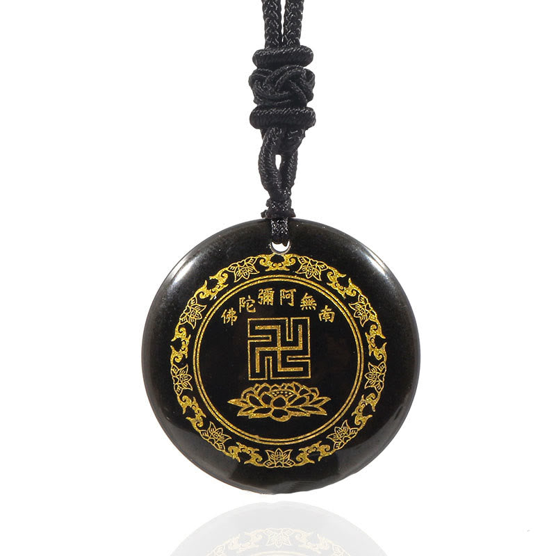 Buddha Stones Swastyka Wzór Lotosu Naturalny Różnorodny Kryształ Czarny Obsydian Oczyszczający Naszyjnik Wisiorek