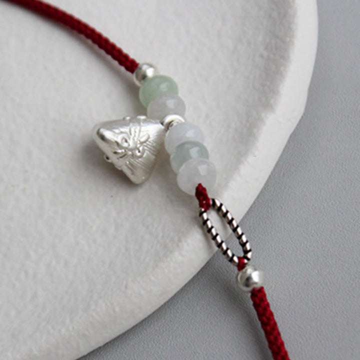 Buddha Stones 925 Srebro Sterlingowe Jade Czerwony Sznurek Zongzi Charm Bransoletka Obfitość