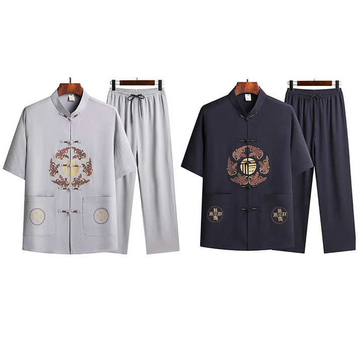 Buddha Stones Fu Charakter Tang Garnitur Hanfu Tradycyjny Mundur Krótki Rękaw Top Spodnie Odzież Męski Zestaw - image 30