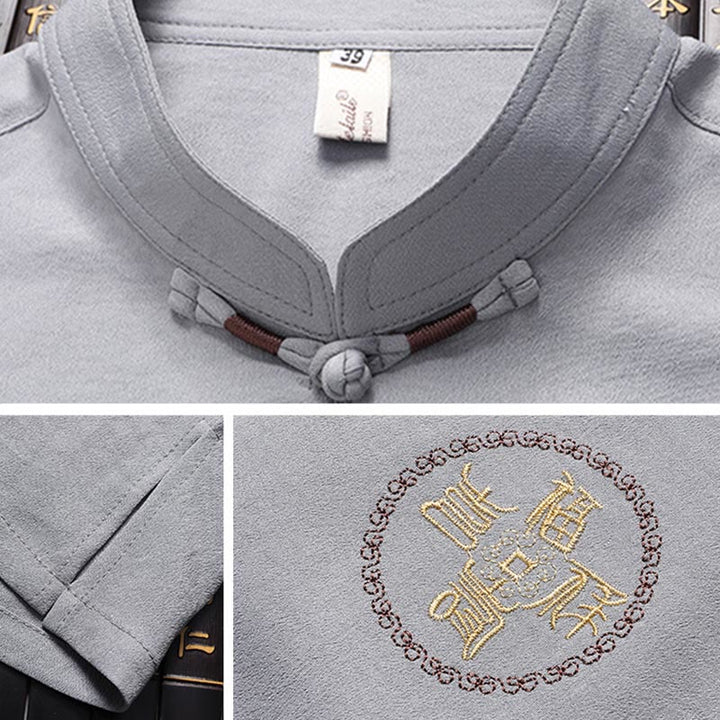 Buddha Stones Fu Charakter Tang Garnitur Hanfu Tradycyjny Mundur Krótki Rękaw Top Spodnie Odzież Męski Zestaw - image 8