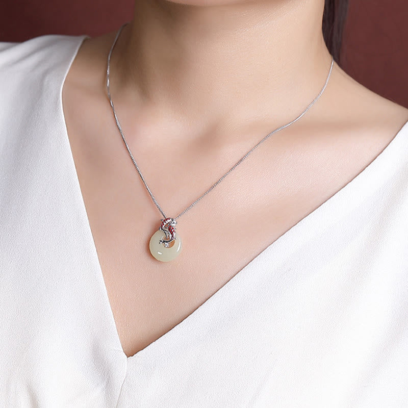 Buddha Stones 925 Srebro Sterlingowe Hetian Jade Klamra Pokoju Naszyjnik Szczęścia Ryby Koi Wisiorek