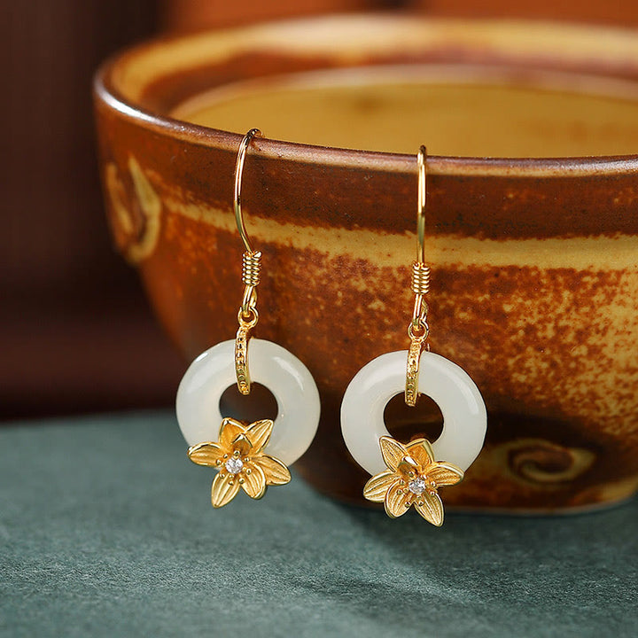 Kolczyki Buddha Stones 925 Srebro Sterlingowe Hetian Jade Peace Buckle Orchid Prosperity - Klamra Peace Buckle Gold Orchidea (szpilki ze srebra próby 925) - image 0