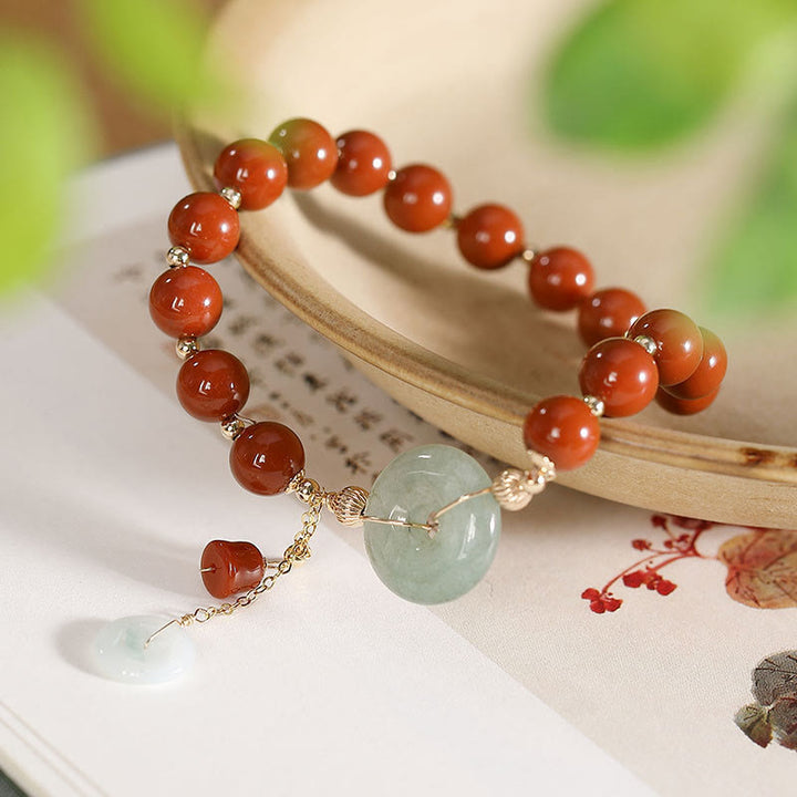 Buddha Stones 14k Złoto Wypełnione Jadeitem Czerwonym Agatem Klamra Pokoju Miedziana Moneta Tykwa Bransoletka Pewności Siebie
