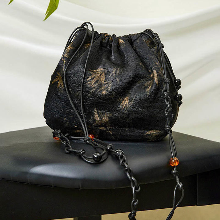 Torebka z octanu z motywem liści bambusa w kolorze żółtym, na ramię , z Buddha Stones