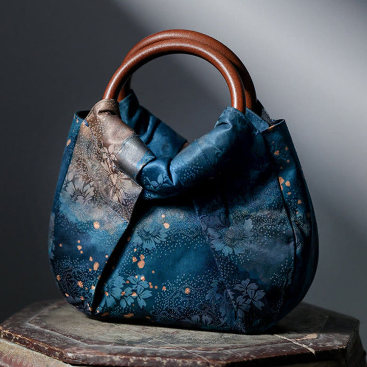 Torebka Buddha Stones Jacquard Flower Blue z drewnianym uchwytem