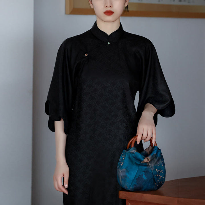 Torebka Buddha Stones Jacquard Flower Blue z drewnianym uchwytem