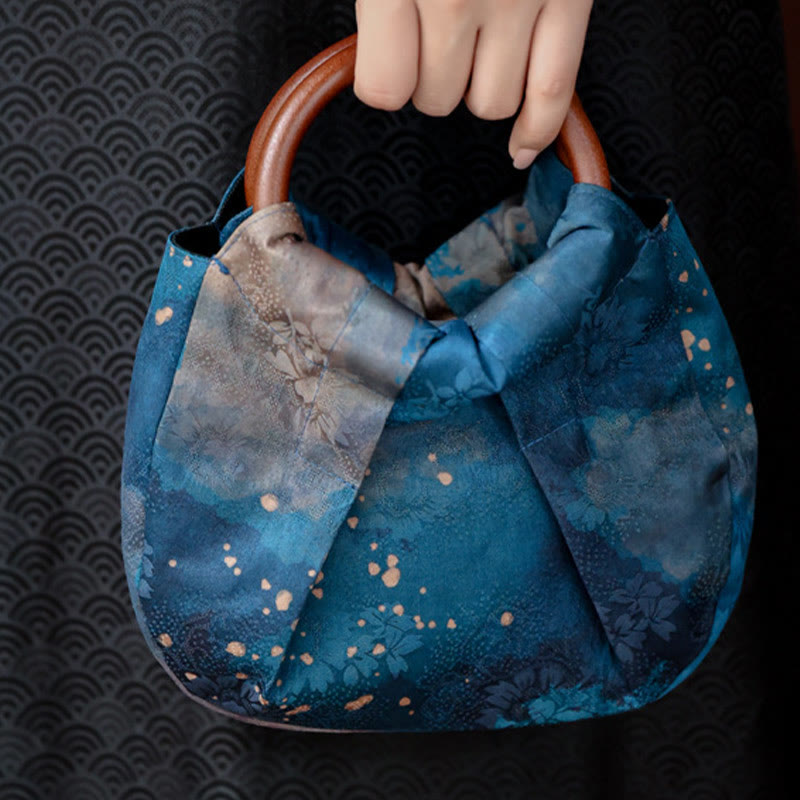 Torebka Buddha Stones Jacquard Flower Blue z drewnianym uchwytem