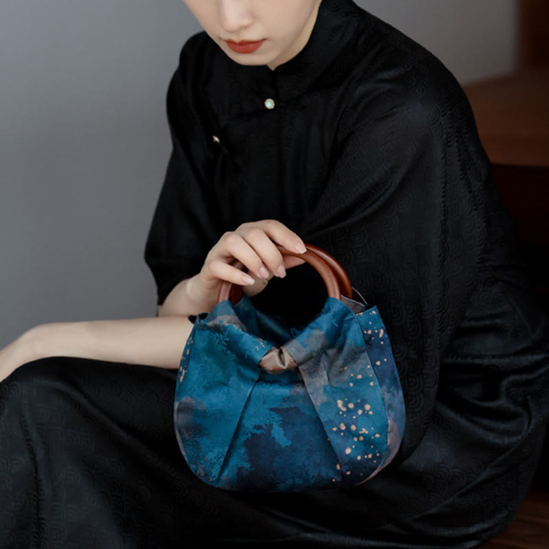 Torebka Buddha Stones Jacquard Flower Blue z drewnianym uchwytem