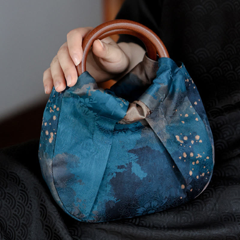 Torebka Buddha Stones Jacquard Flower Blue z drewnianym uchwytem
