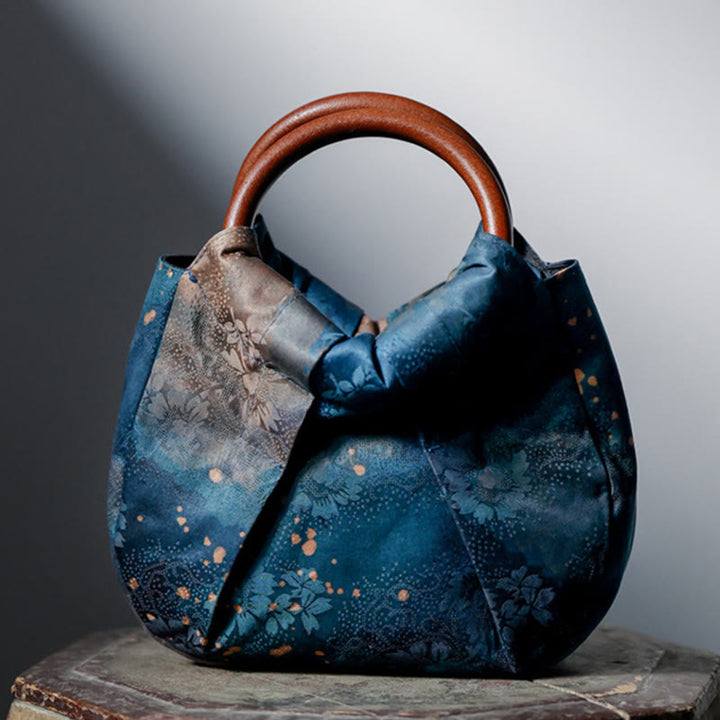 Torebka Buddha Stones Jacquard Flower Blue z drewnianym uchwytem