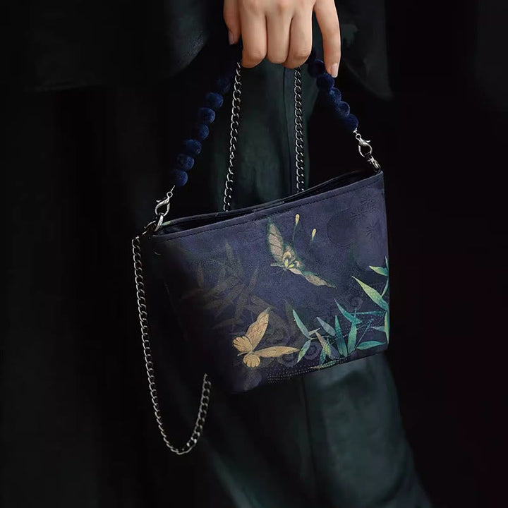 Buddha Stones Małe Liście Bambusa Motyl Kwiaty Piwonii Sroka Metalowy Łańcuch Torba Crossbody Torba Na Ramię Torebka