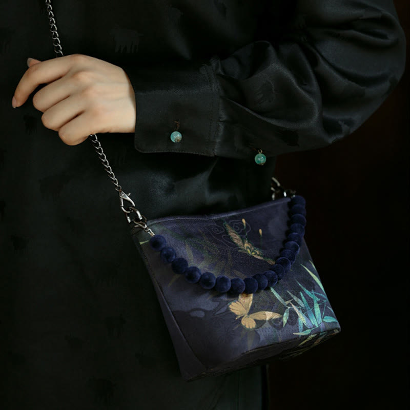 Buddha Stones Małe Liście Bambusa Motyl Kwiaty Piwonii Sroka Metalowy Łańcuch Torba Crossbody Torba Na Ramię Torebka