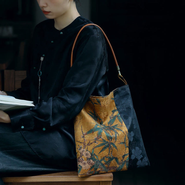 Buddha Stones Bambusowe Liście Kwiat Motyl Persymona Torba Na Ramię Torebka