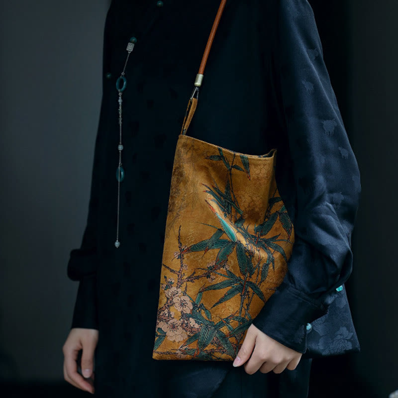 Buddha Stones Bambusowe Liście Kwiat Motyl Persymona Torba Na Ramię Torebka