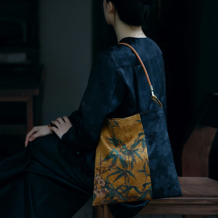 Buddha Stones Bambusowe Liście Kwiat Motyl Persymona Torba Na Ramię Torebka