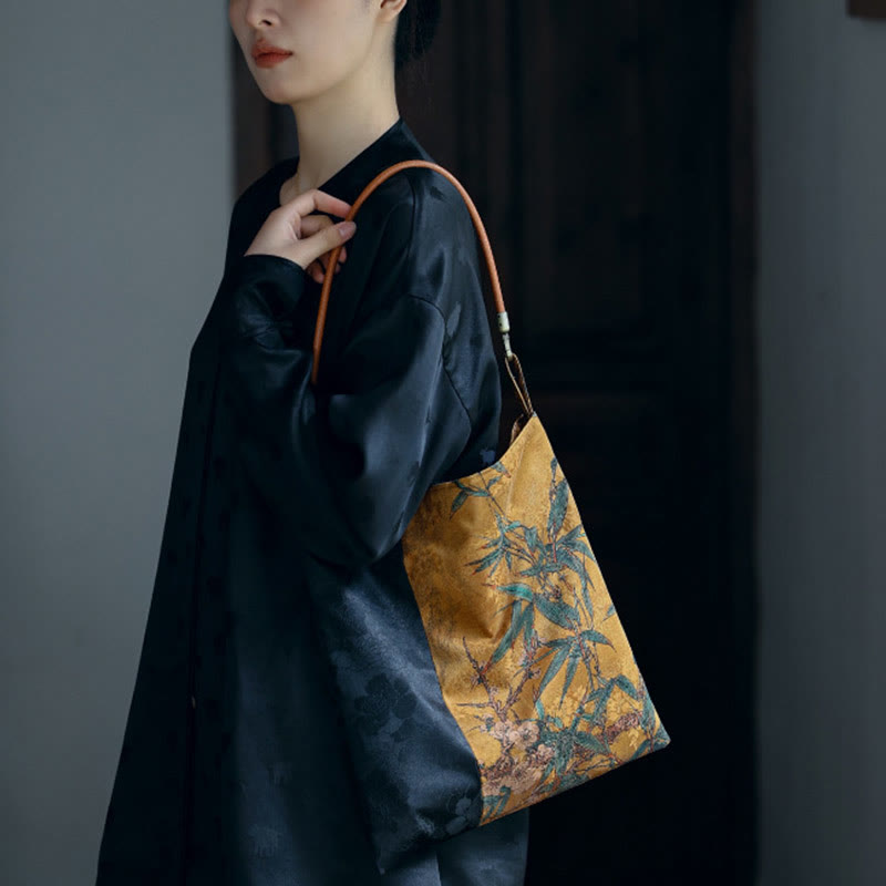 Buddha Stones Bambusowe Liście Kwiat Motyl Persymona Torba Na Ramię Torebka