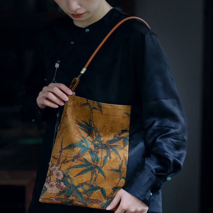 Buddha Stones Bambusowe Liście Kwiat Motyl Persymona Torba Na Ramię Torebka