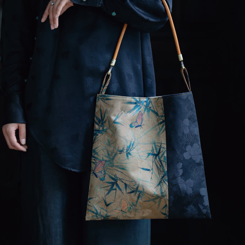 Buddha Stones Bambusowe Liście Kwiat Motyl Persymona Torba Na Ramię Torebka