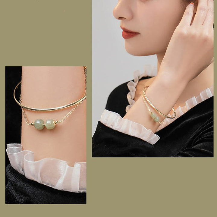 Buddha Stones Miedziane Złoto Hetian Jade Koraliki Szczęścia Bransoletka Dwuwarstwowa Bangle