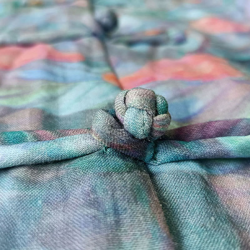 Buddha Stones Różowe Kwiaty Zielone Liście Nadruk Żabki Guziki Projekt Długi Rękaw Lniana Kurtka Koszula - image 13