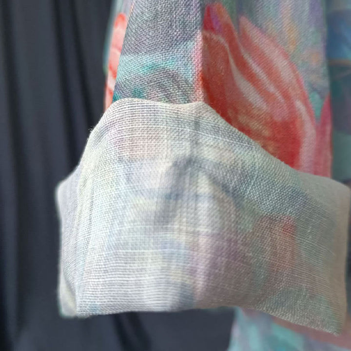 Buddha Stones Różowe Kwiaty Zielone Liście Nadruk Żabki Guziki Projekt Długi Rękaw Lniana Kurtka Koszula - image 14