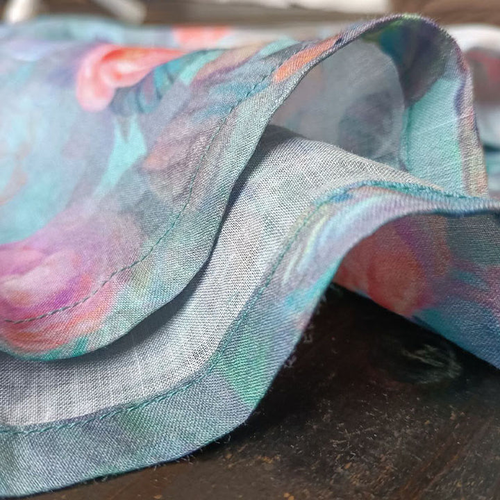 Buddha Stones Różowe Kwiaty Zielone Liście Nadruk Żabki Guziki Projekt Długi Rękaw Lniana Kurtka Koszula - image 15