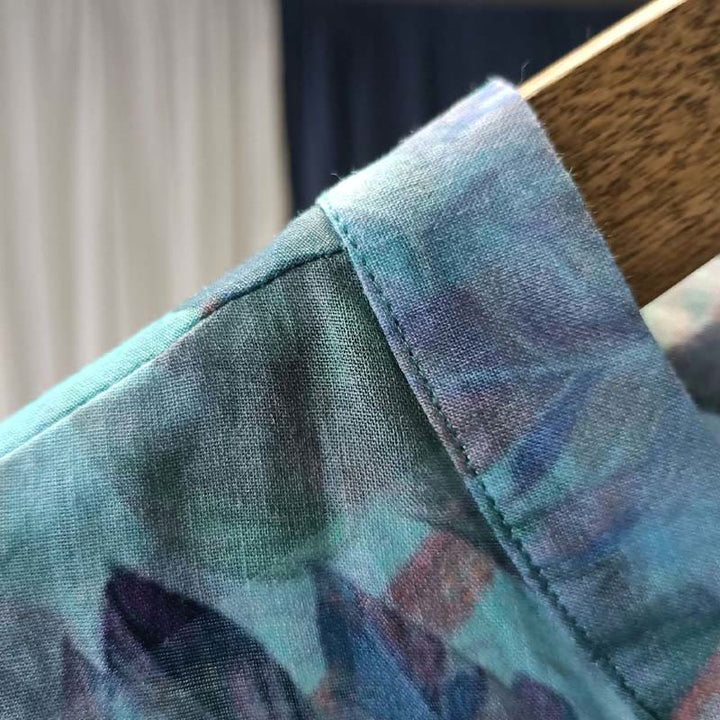 Buddha Stones Różowe Kwiaty Zielone Liście Nadruk Żabki Guziki Projekt Długi Rękaw Lniana Kurtka Koszula - image 11