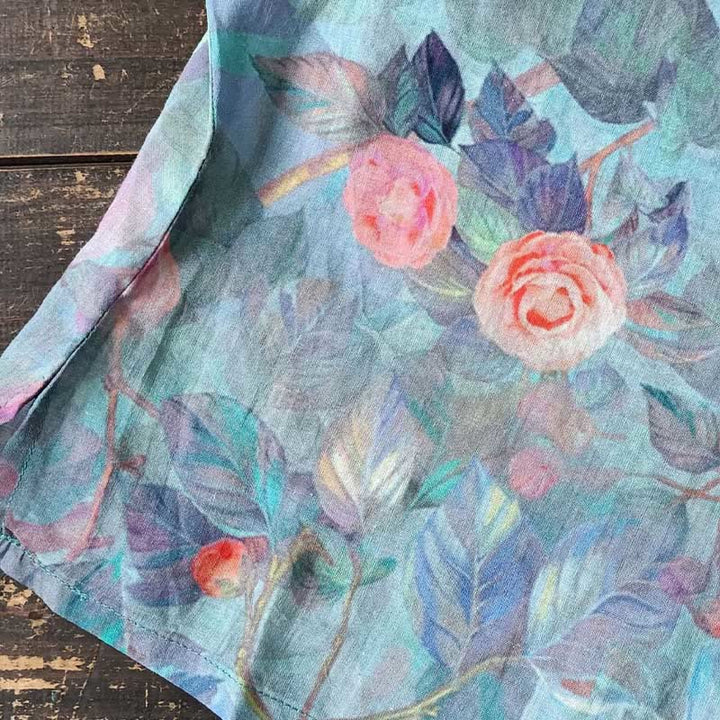 Buddha Stones Różowe Kwiaty Zielone Liście Nadruk Żabki Guziki Projekt Długi Rękaw Lniana Kurtka Koszula - image 18