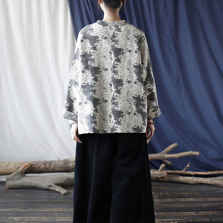 Buddha Stones Czarny Szary Nadruk Żabka Guziki Projekt Długi Rękaw Bawełniana Lniana Kurtka Koszula Z Kieszeniami - image 31