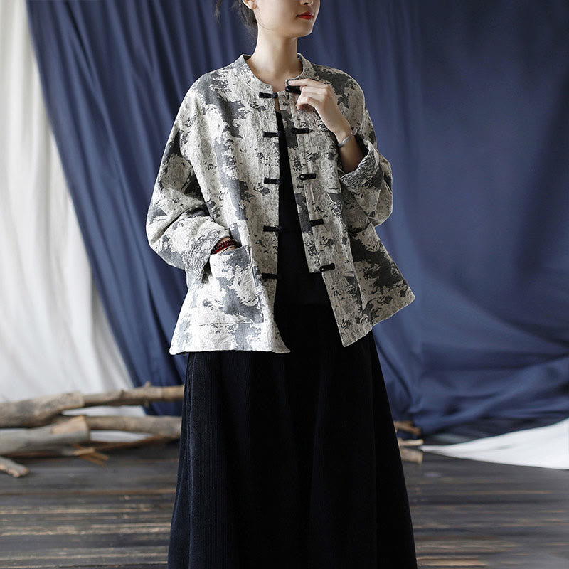 Buddha Stones Czarny Szary Nadruk Żabka Guziki Projekt Długi Rękaw Bawełniana Lniana Kurtka Koszula Z Kieszeniami - image 32