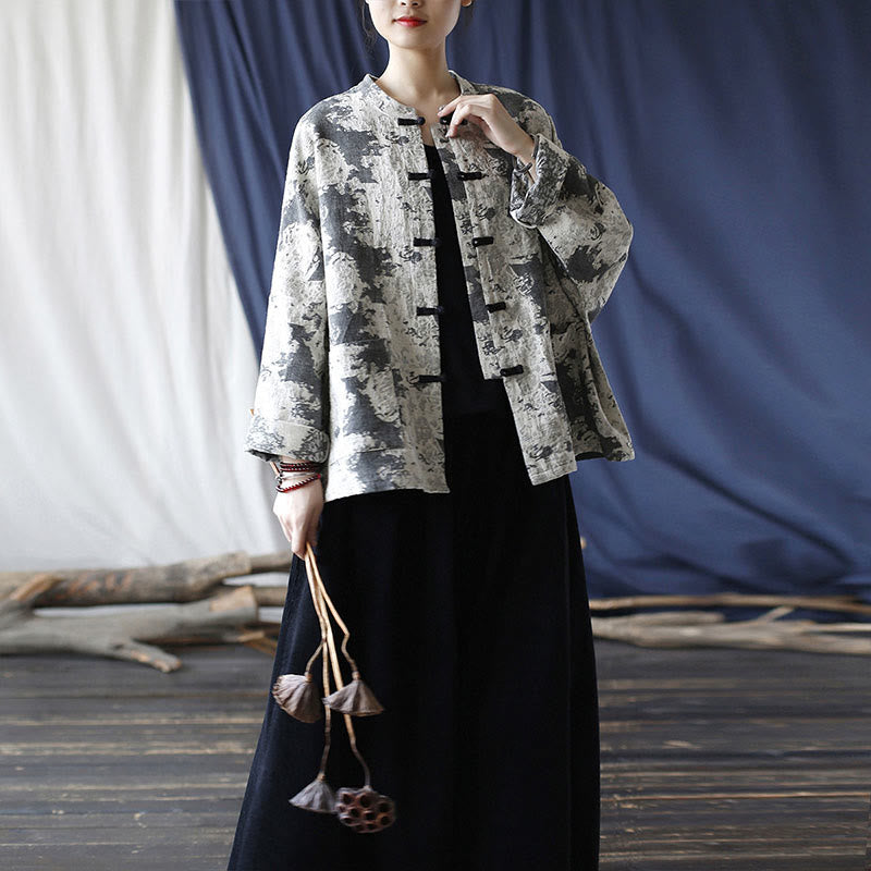 Buddha Stones Czarny Szary Nadruk Żabka Guziki Projekt Długi Rękaw Bawełniana Lniana Kurtka Koszula Z Kieszeniami - image 30