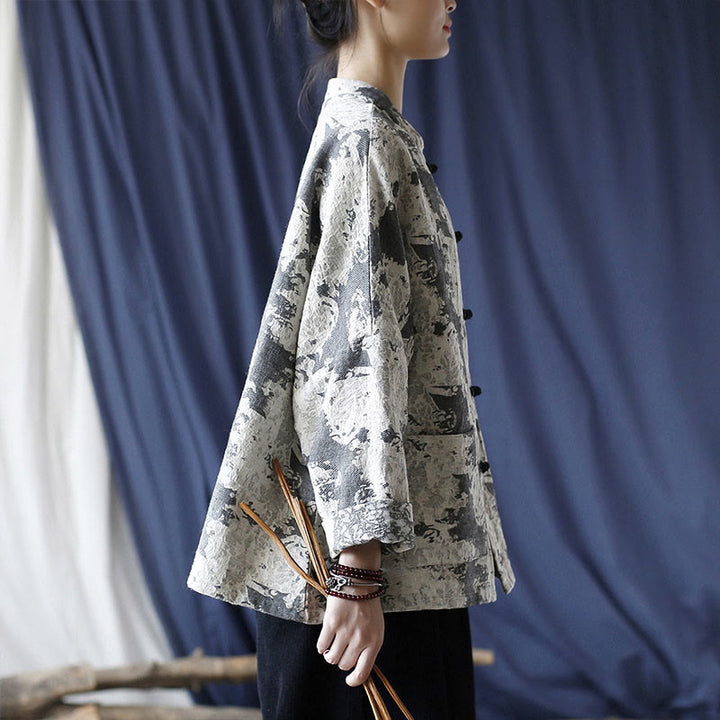 Buddha Stones Czarny Szary Nadruk Żabka Guziki Projekt Długi Rękaw Bawełniana Lniana Kurtka Koszula Z Kieszeniami - image 3