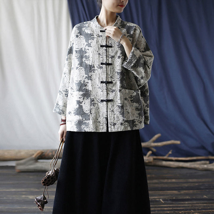 Buddha Stones Czarny Szary Nadruk Żabka Guziki Projekt Długi Rękaw Bawełniana Lniana Kurtka Koszula Z Kieszeniami - image 34