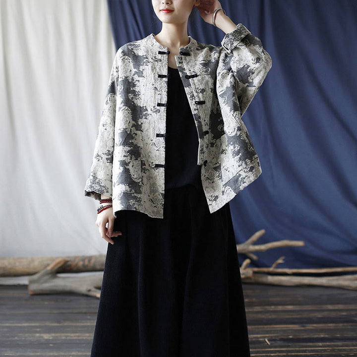 Buddha Stones Czarny Szary Nadruk Żabka Guziki Projekt Długi Rękaw Bawełniana Lniana Kurtka Koszula Z Kieszeniami - image 37