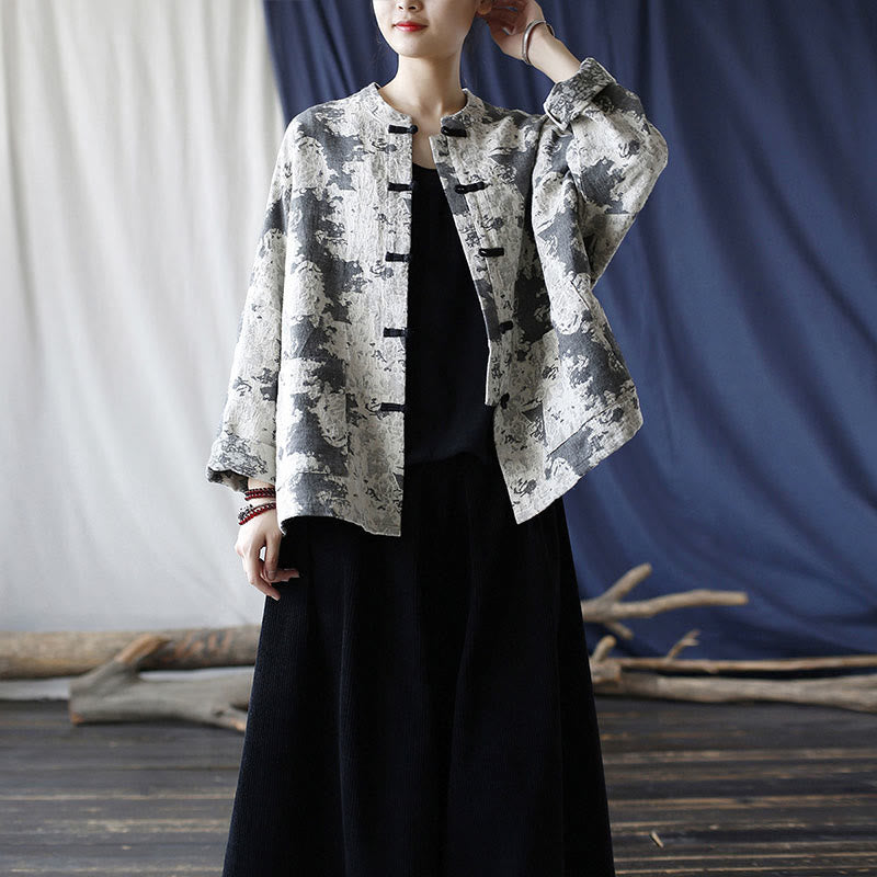 Buddha Stones Czarny Szary Nadruk Żabka Guziki Projekt Długi Rękaw Bawełniana Lniana Kurtka Koszula Z Kieszeniami - image 37