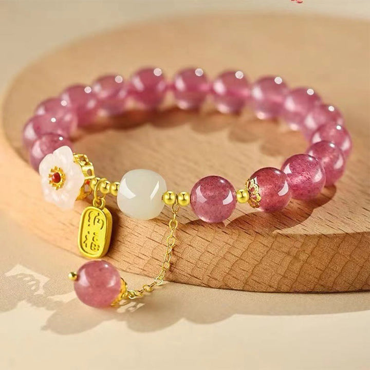 Bransoletka lecznicza z Buddha Stones z kwarcu truskawkowego Fu Character Pink