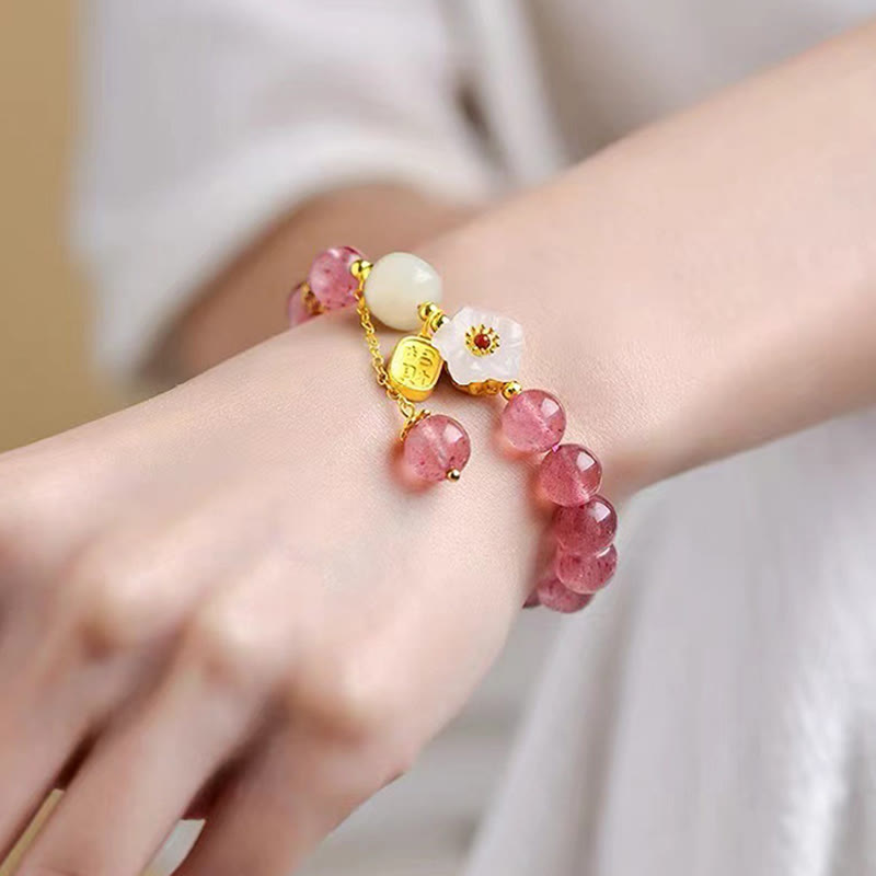 Bransoletka lecznicza z Buddha Stones z kwarcu truskawkowego Fu Character Pink