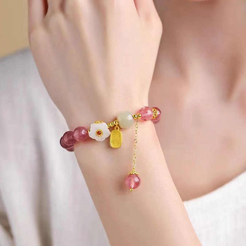 Bransoletka lecznicza z Buddha Stones z kwarcu truskawkowego Fu Character Pink