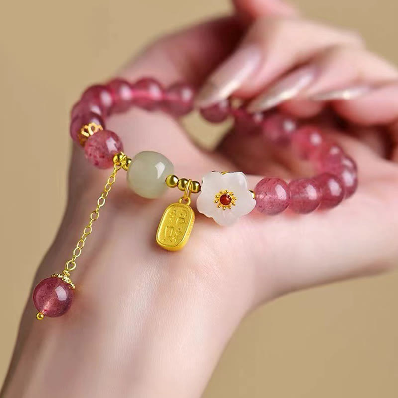 Bransoletka lecznicza z Buddha Stones z kwarcu truskawkowego Fu Character Pink