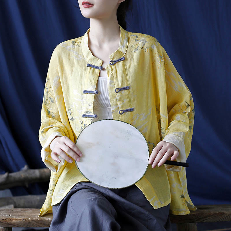 Buddha Stones Żółta Feniksowa Nadruk Żabki Guziki Projekt Długi Rękaw Lniana Kurtka Koszula Ramia - image 7