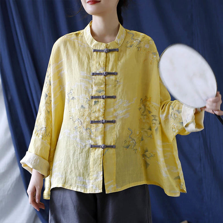 Buddha Stones Żółta Feniksowa Nadruk Żabki Guziki Projekt Długi Rękaw Lniana Kurtka Koszula Ramia - image 12