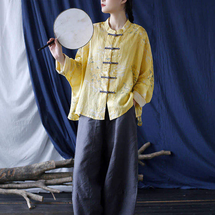 Buddha Stones Żółta Feniksowa Nadruk Żabki Guziki Projekt Długi Rękaw Lniana Kurtka Koszula Ramia - image 20