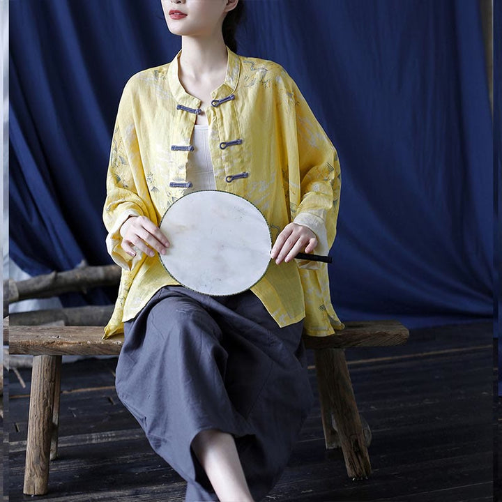 Buddha Stones Żółta Feniksowa Nadruk Żabki Guziki Projekt Długi Rękaw Lniana Kurtka Koszula Ramia - image 21